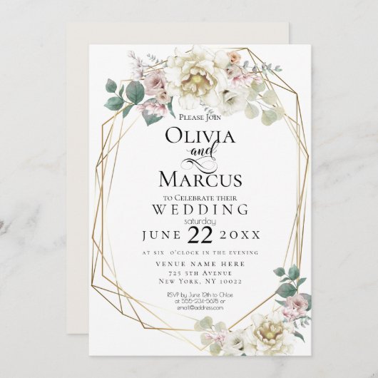 Invitation Mariage | Vanilla+ Aquarelle Peony Flowers (Devant / Derrière)