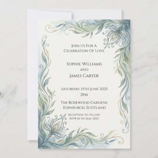 Invitation Mariage Végétal Art Nouveau Sarcelle Or (Devant)