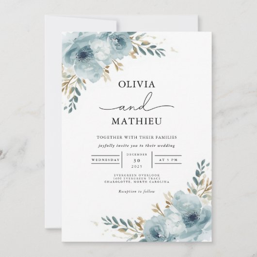 Invitation Mariage végétal bleu serene (Devant)