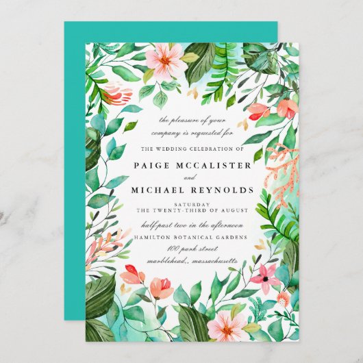 Invitation Mariage végétal bleu turquoise rose (Devant / Derrière)