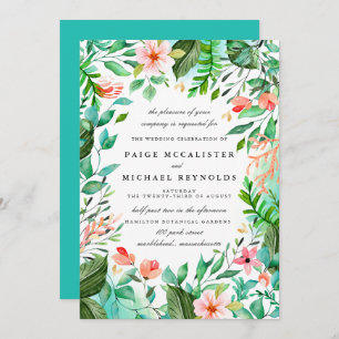 Invitation Mariage végétal bleu turquoise rose