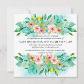 Invitation Mariage végétal bleu turquoise rose (Devant)