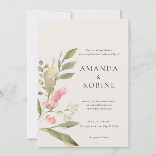 Invitation Mariage végétal minimaliste aquarelle (Devant)