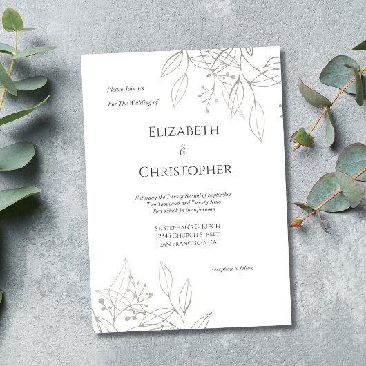 Invitation Mariage végétal minimaliste en argent gris Feuille