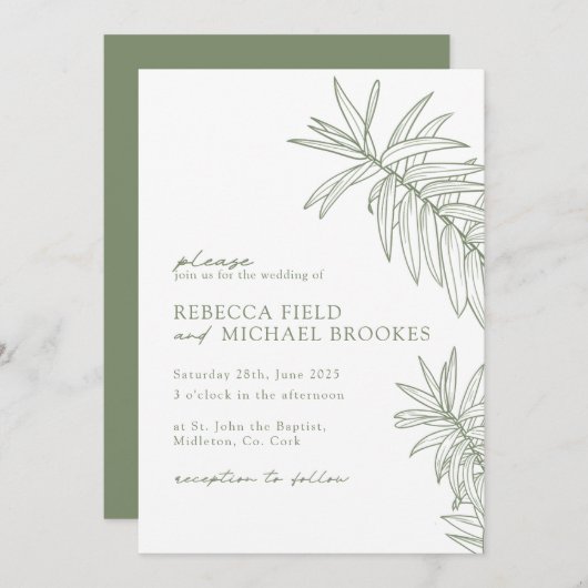 Invitation Mariage végétal minimaliste Sage Green (Devant / Derrière)