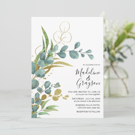 Invitation Mariage végétal moderne Eucalyptus (Debout devant)