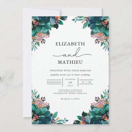 Invitation Mariage végétal Turquoise profond (Devant)