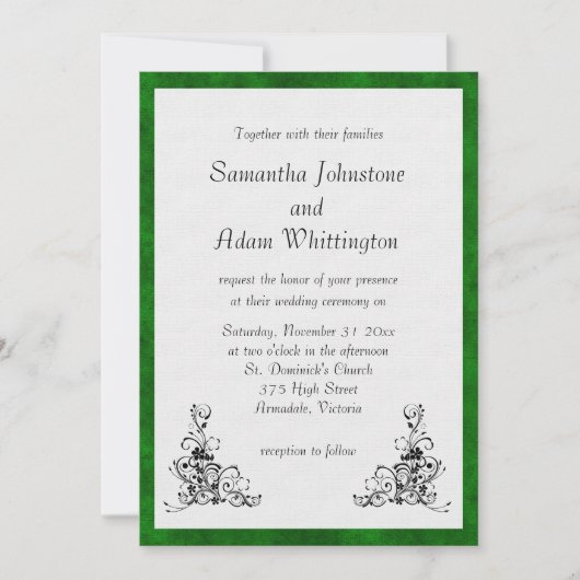 Invitation Mariage Velours vert et ornements noirs (Devant)