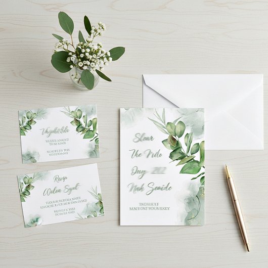 Invitation Mariage verdure aquarelle budget blanc 