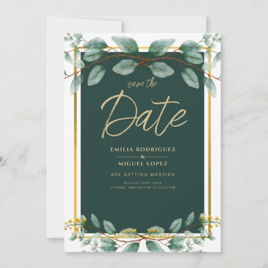 Invitation Mariage verdure Date à sauvegarder Vert Or Moderne (Devant)