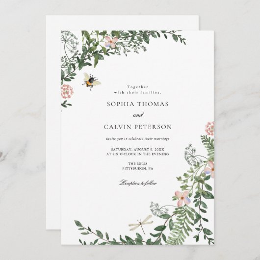 Invitation Mariage verdure et fleurs (Devant / Derrière)