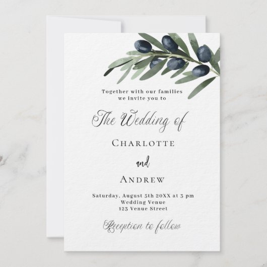 Invitation Mariage verdure olivier feuilles simple script lux (Devant)