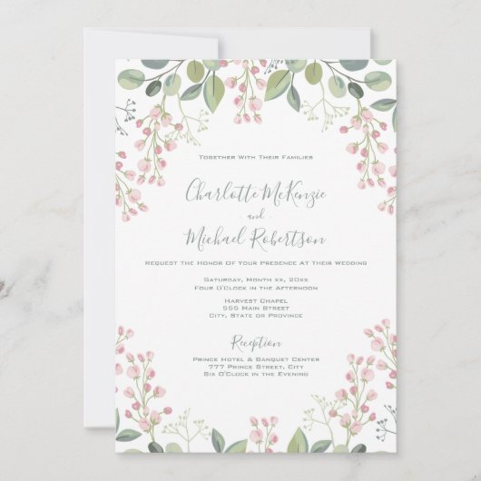 Invitation Mariage vert à la menthe rose fleurie (Devant)