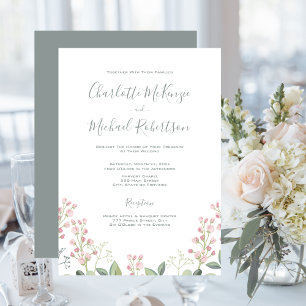 Invitation Mariage vert à la menthe rose fleurie