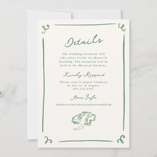 Invitation Mariage vert à main lunaire tiré + détails (Dos)
