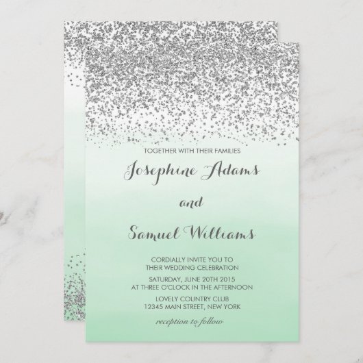 Invitation Mariage vert argent et menthe (Devant / Derrière)