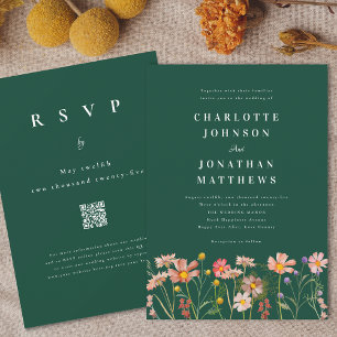Invitation Mariage vert bohème rustique aux fleurs sauvages