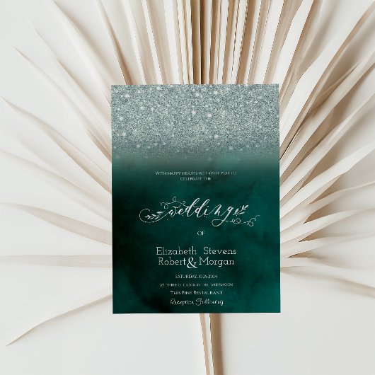 Invitation Mariage Vert Bokeh Pailleté Élégant