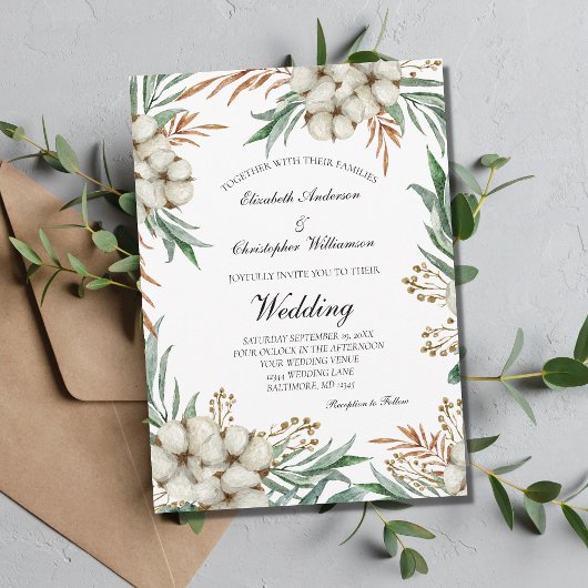 Invitation Mariage vert botanique blanc Bohème