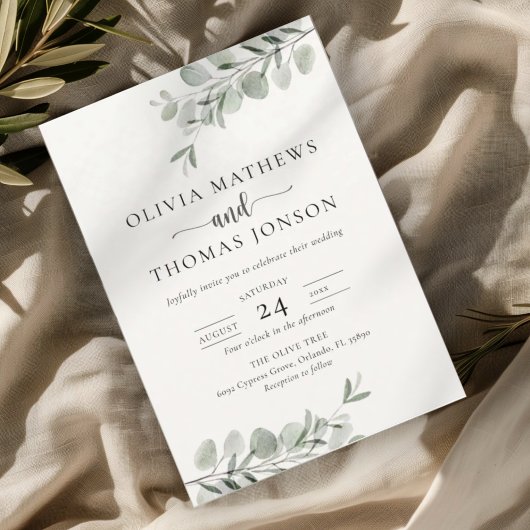 Invitation Mariage Vert Botanique Rustique Eucalyptus