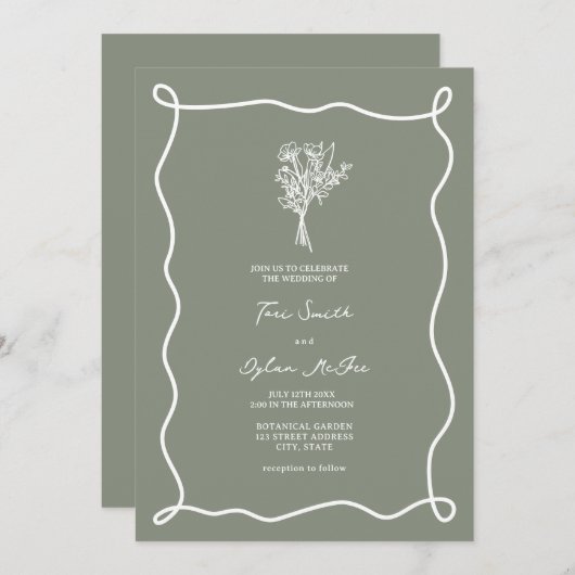Invitation Mariage vert Bouquet Sage (Devant / Derrière)