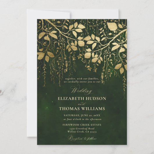 Invitation Mariage vert Chasseur d'or de la forêt enchantée (Devant)