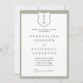 Invitation Mariage Vert Classique Formel Élégant Blason Scrip (Devant)