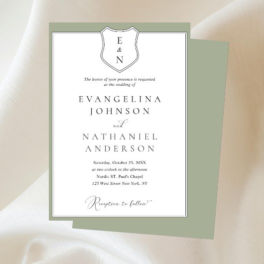 Invitation Mariage Vert Classique Formel Élégant Blason Scrip