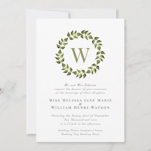 Invitation Mariage vert de couronne de monogramme (Devant)