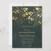 Invitation Mariage vert de feuillage doré en forêt enchantée (Devant)