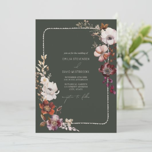 Invitation Mariage vert de la frontière à la main d'anémone t (Debout devant)