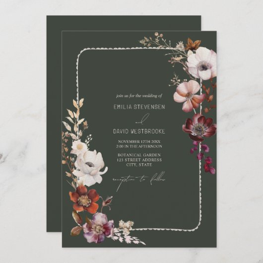 Invitation Mariage vert de la frontière à la main d'anémone t (Devant / Derrière)