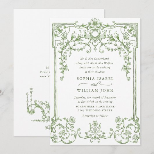Invitation Mariage vert de l'âge orné victorien Grace Floral (Devant / Derrière)