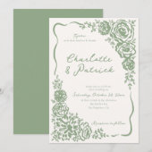 Invitation Mariage vert de l'aile florale géante dessinée à l (Devant / Derrière)