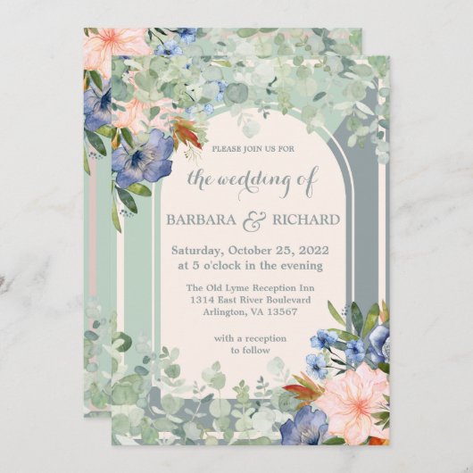 Invitation Mariage vert de pêche bleu foncé (Devant / Derrière)