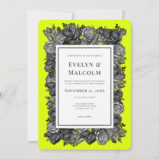 Invitation Mariage vert de rose noir et blanc (Devant)