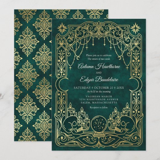 Invitation Mariage vert de sorcière de tarot gothique (Devant / Derrière)