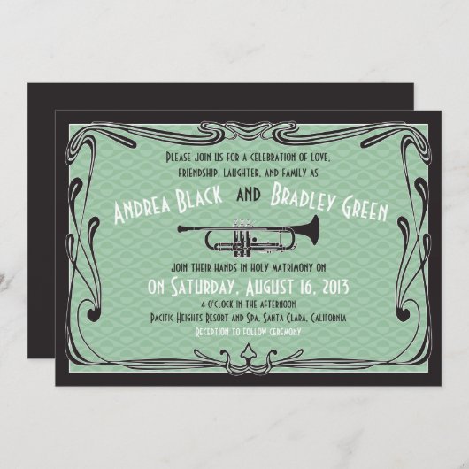 Invitation Mariage vert de trompette des années 20 (Devant / Derrière)