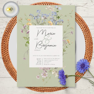 Invitation Mariage Vert Délicat Bohème avec Fleurs Sauvages