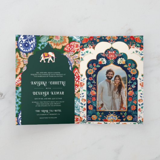 Invitation Mariage vert d'émeraude d'Art populaire indien Ele (Intérieur)
