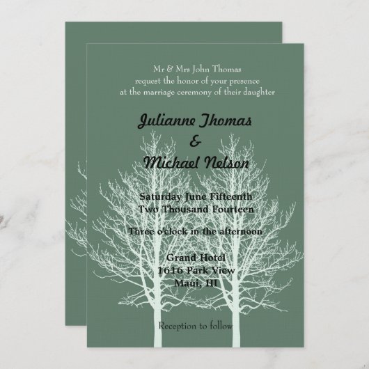 Invitation Mariage vert des arbres blancs (Devant / Derrière)