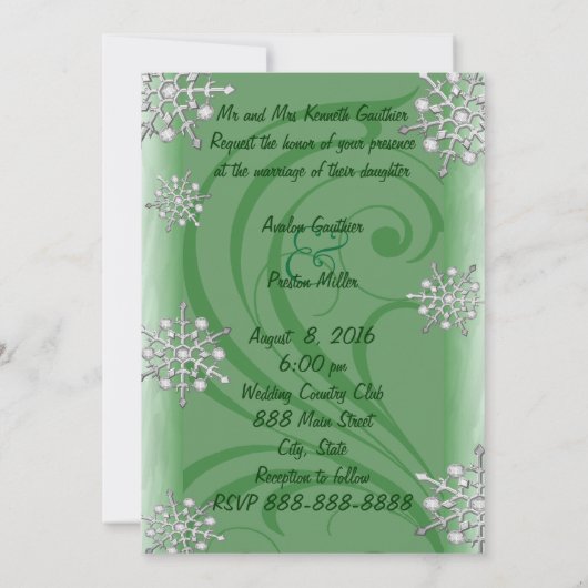 Invitation Mariage vert d'hiver sur le flocon des neiges (Dos)