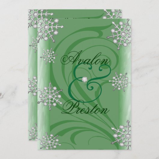 Invitation Mariage vert d'hiver sur le flocon des neiges (Devant / Derrière)