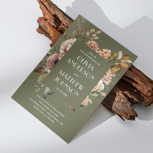 Invitation Mariage vert d'olive terrestre   Boho Floral QR Co