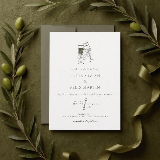 Invitation Mariage vert élégant en bois d'olive