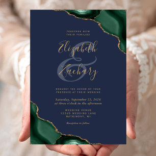 Invitation Mariage Vert Émeraude Agate Coins Bleu Nuit