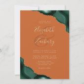 Invitation Mariage Vert Émeraude Agate Coins Orange Brûlé (Devant)