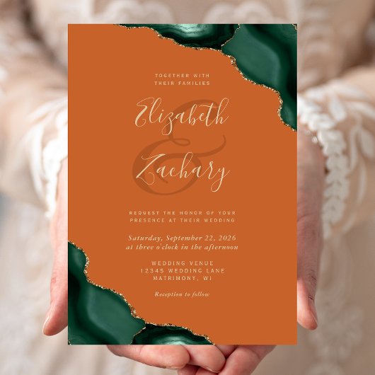 Invitation Mariage Vert Émeraude Agate Coins Orange Brûlé