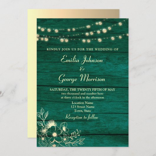 Invitation Mariage vert émeraude bois rustique (Devant / Derrière)