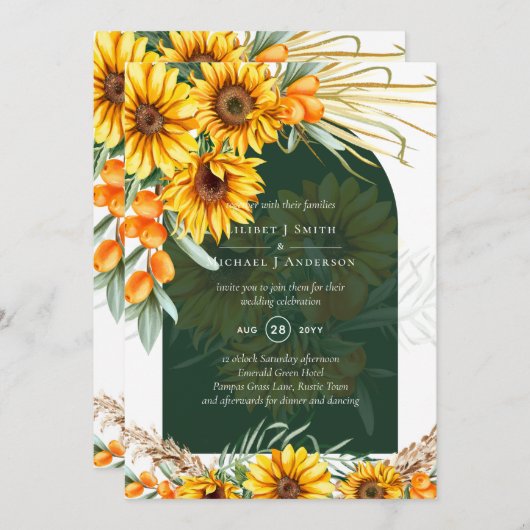 Invitation MARIAGE vert émeraude de la laiton BOHO Sunflowers (Devant / Derrière)